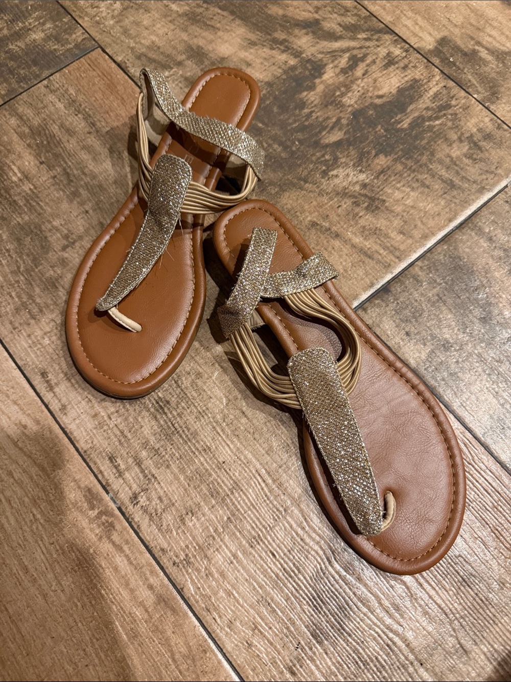 Women’s Gold Braided T-Strap Sandals